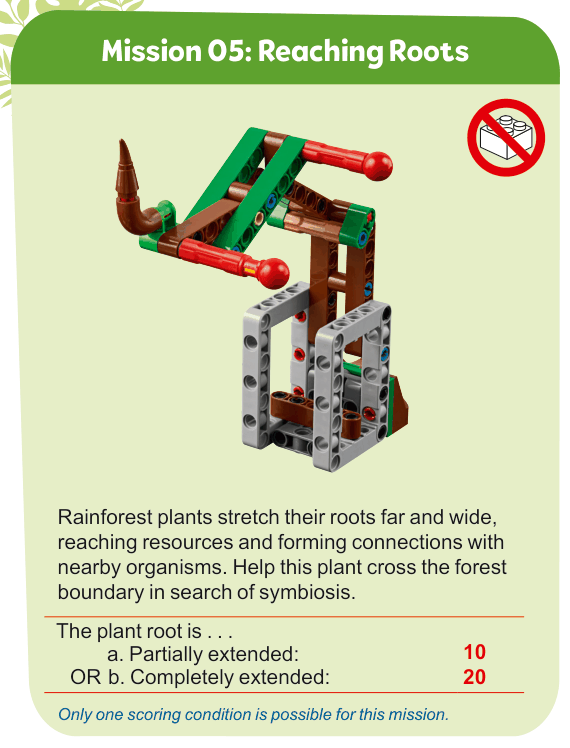 Mission 05: Reaching Roots — mission model photo with the description and scoring table from the rulebook
