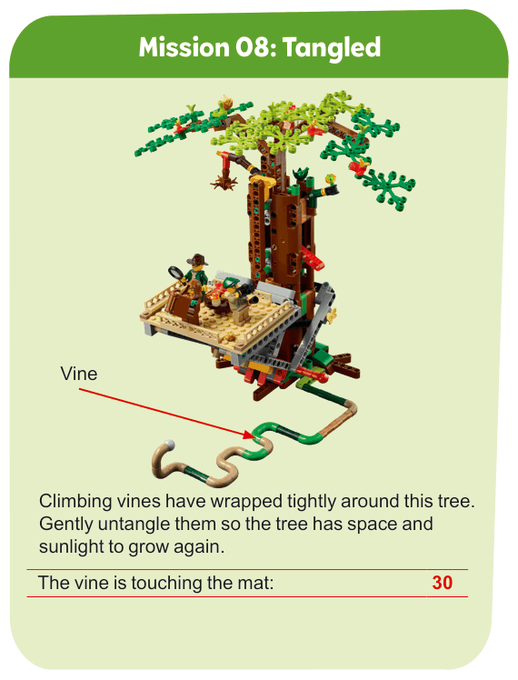 Mission 08: Tangled — mission model photo with the description and scoring table from the rulebook
