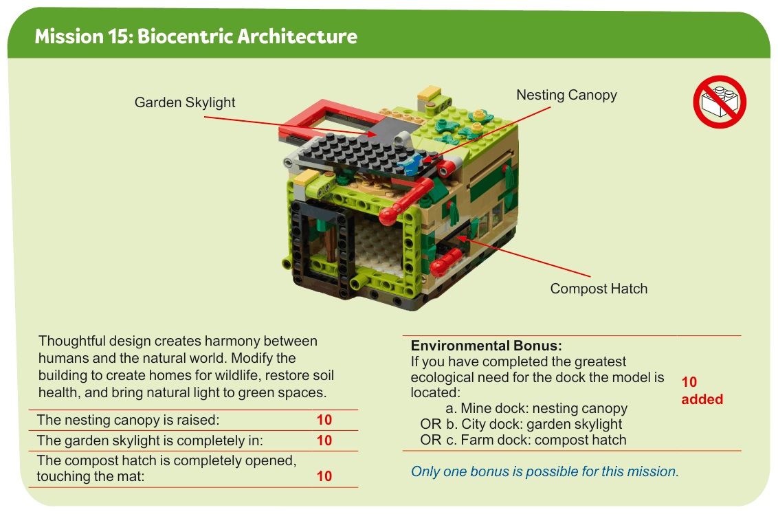 Mission 15: Biocentric Architecture — mission model photo with the description and scoring table from the rulebook